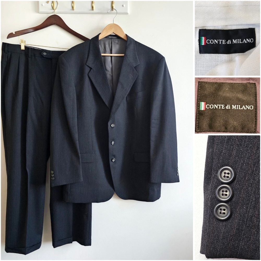 Vintage 90s Conte di Milano 100% Wool Suit 44R / 37W Charcoal Pinstripe Classic